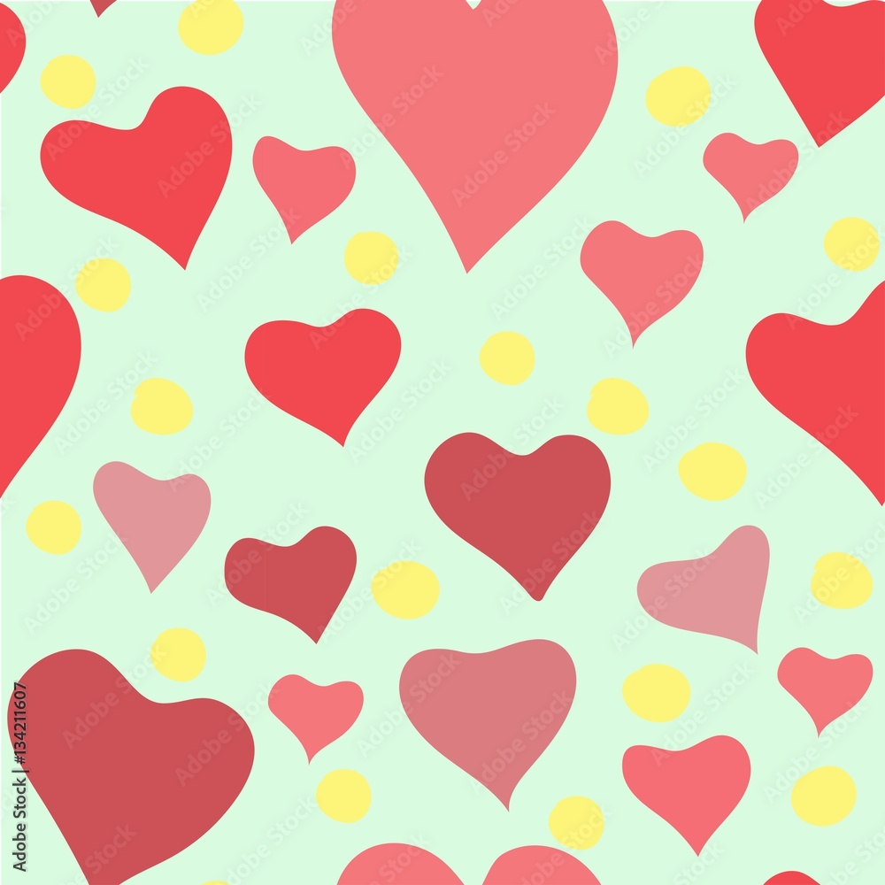 seamless pattern of pink hearts and yellow dots on baby blue background