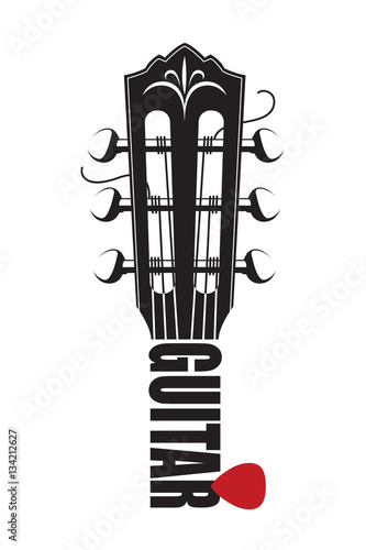 monochrome abstract image of guitar neck with red pick