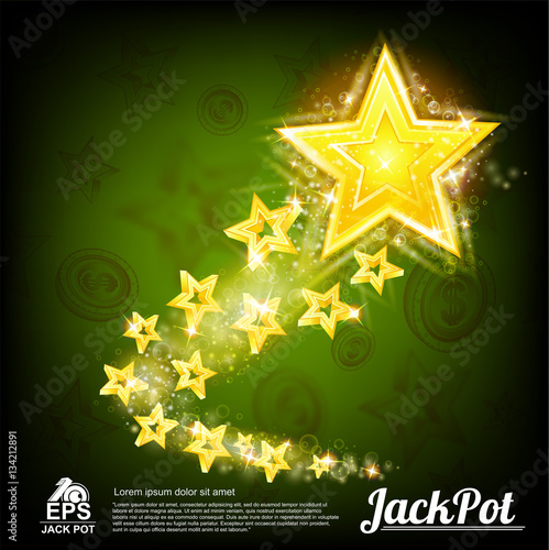 Flying gold star with tiny stars tail and shiny effects on abstract green background