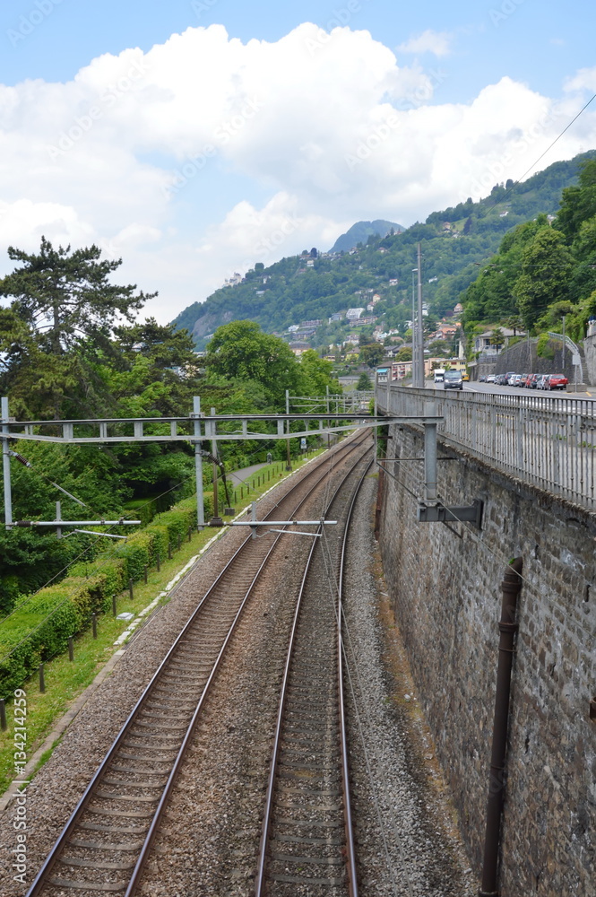 train railway beside road in Montreux Switzerland