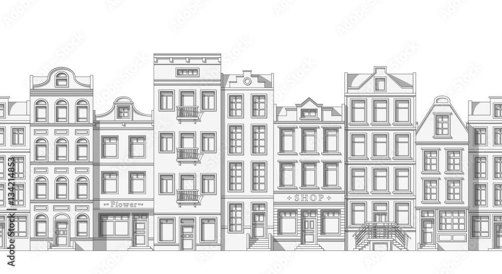 Seamless thin line cityscape background with classic houses 