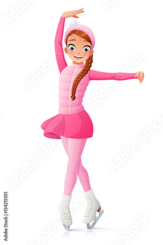Vector cute smiling young girl figure skating on ice.