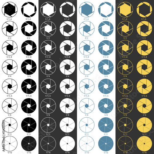 Aperture range icons set, in black and white, blue and yellow colors. Symbols for web design or manuals. Vector illustration