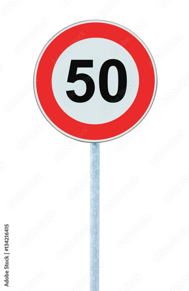 Speed Limit Zone Warning Road Sign, Isolated Prohibitive 50 Km Kilometre Sixty Kilometer Maximum Traffic Limitation Order, Red Circle, Large Detailed Closeup Speed Limit Zone Warning Road Sign, Isolated Prohibitive 50 Km Kilometre Sixty Kilometer Maximum Traffic Limitation Order, Red Circle, Large Detailed Closeup
