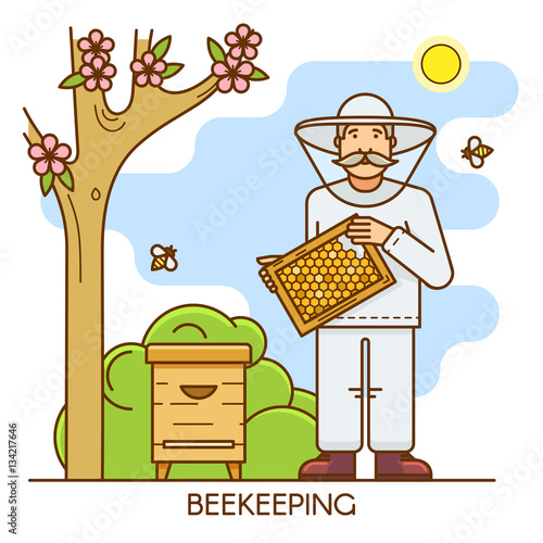 Beekeeper at special costume. Apiary farm man is dressed in a protective suit and holds honeycomb of honey in his hands. Outline flat consept ilustration.