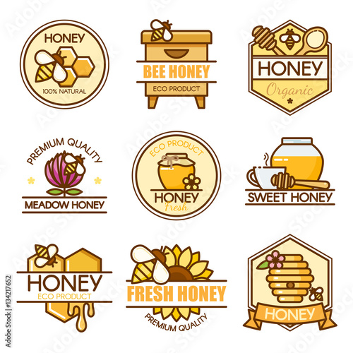 Vector set of colored honey labels, bee badges and design elements. Apiary logo template. Outline flat consept style