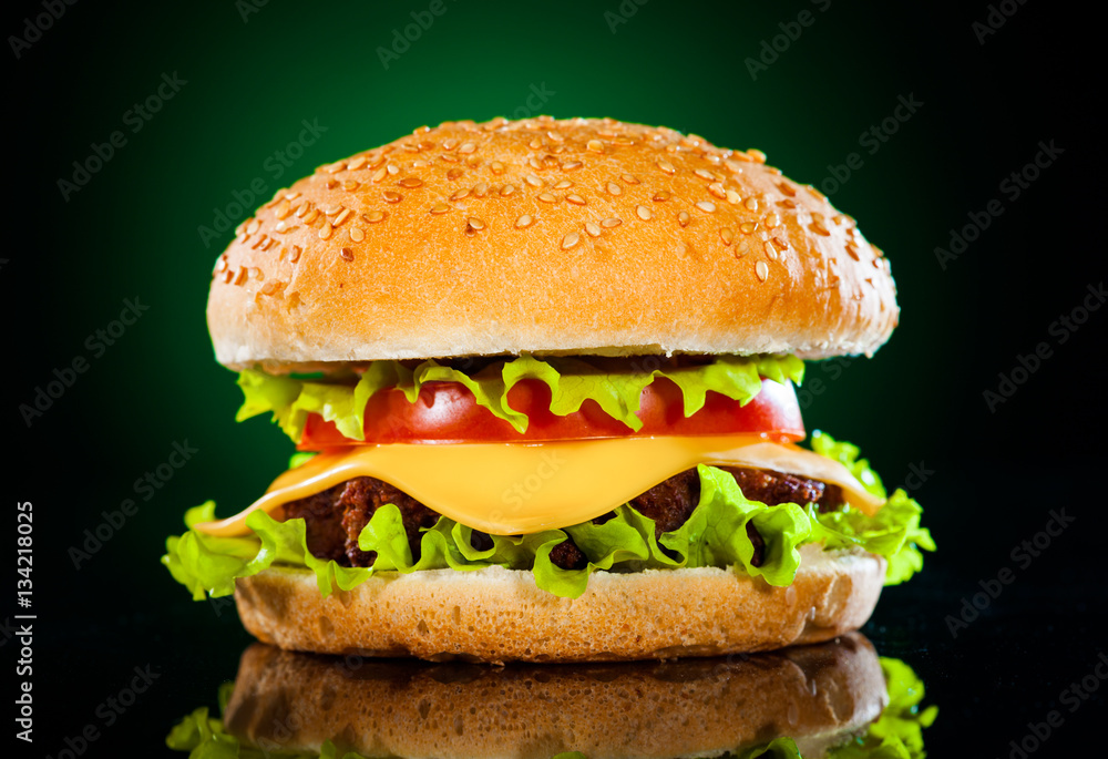 Tasty and appetizing hamburger on a darkly green Tasty and appetizing hamburger on a darkly green