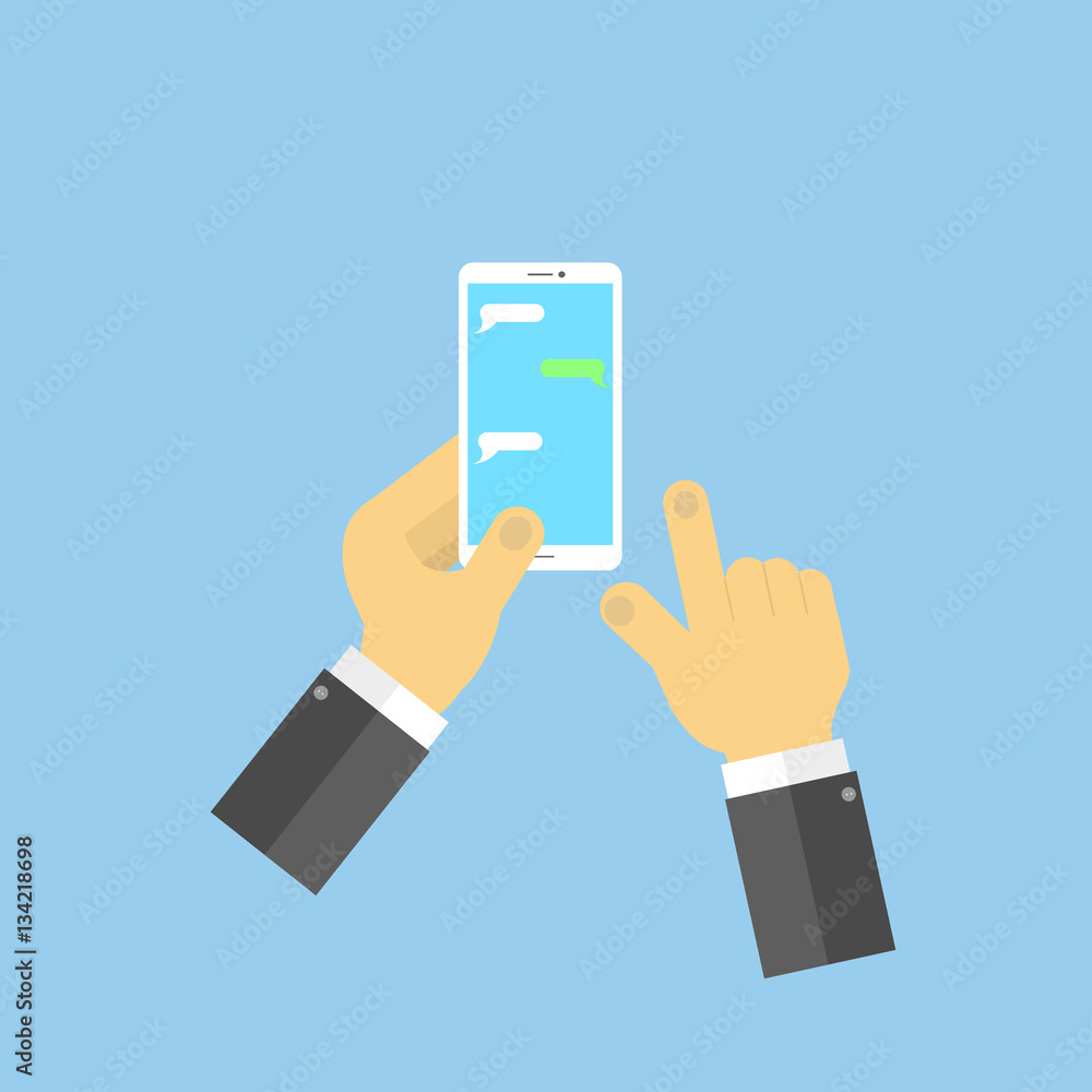 Hands with mobile phone SMS chat. Vector illustration . Hands with mobile phone SMS chat. Vector illustration .