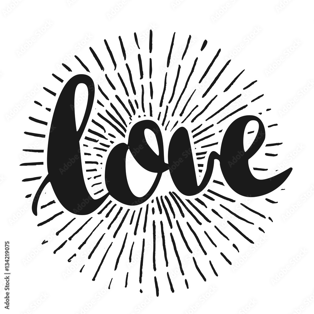 Vector handwritten brush script. Black letters isolated on white background. Love with burst Vector handwritten brush script. Black letters isolated on white background. Love with burst