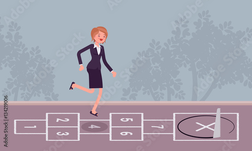 Young carefree businesswoman playing hopscotch, sawing in front