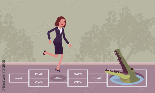 Young carefree businesswoman playing hopscotch, crocodile in front