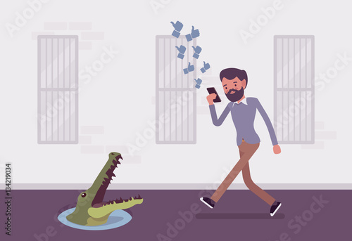 Young carefree man walking with phone, crocodile in pit