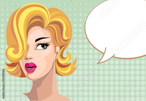 Pin up style surprised woman with speech bubble  pop art girl portrait  vector illustration