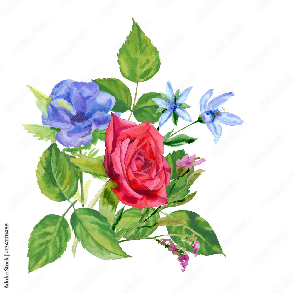 Red rose bouquet floral botanical flowers. Watercolor background