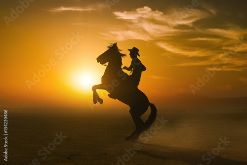 Silhouette man riding horse against Sunset