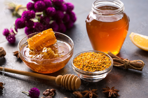 Photos product of bee- honeycomb, pollen, propolis, honey.