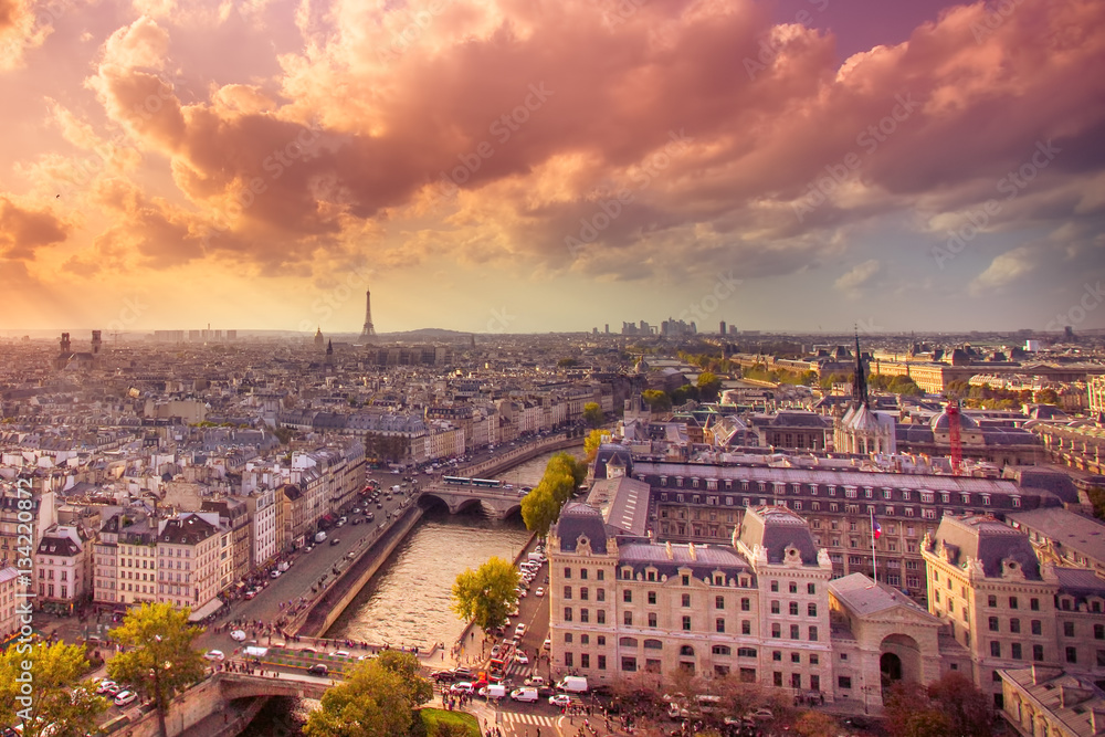 Sunset view across the city of Paris