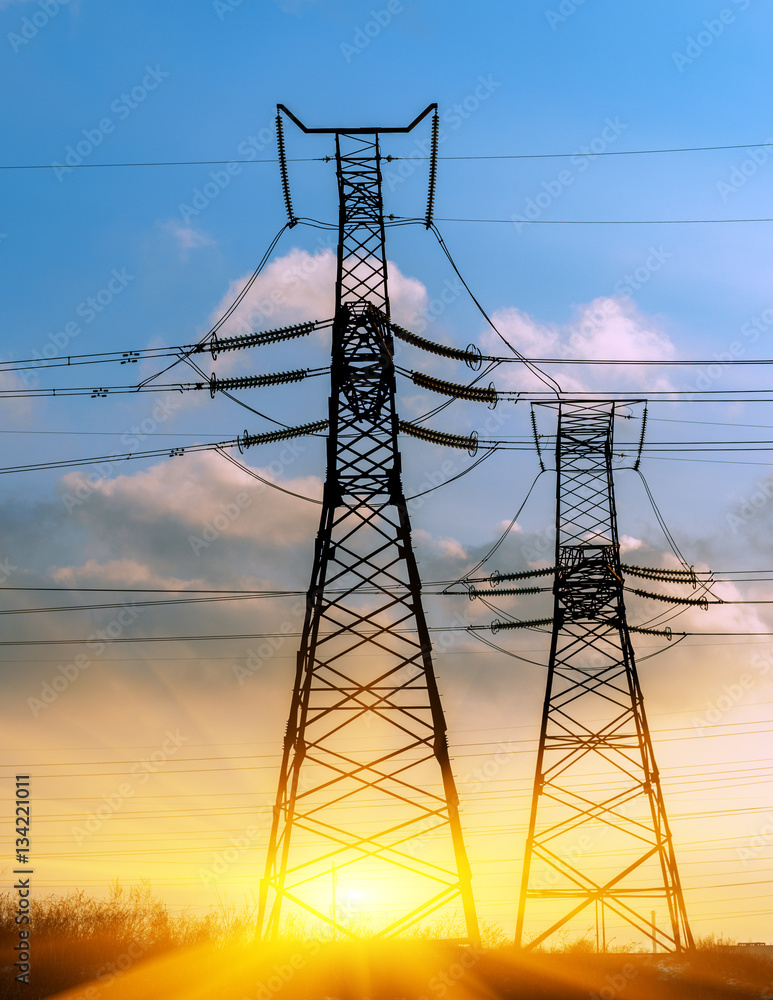 silhouette of power lines in the factory and sunset background. Stock ...