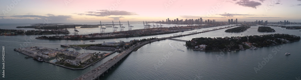 Aerial panoramic of Miami waterfront scenic