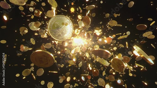 Coins flight. Animation shows the coins flying towards the camera. This one dollar coins is gold. Animation best suitable for all kinds of animated backgrounds on events. photo