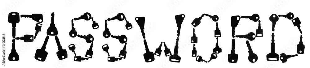 Set of keys form the word PASSWORD. Isolated on white background. With copy space text. Set of keys form the word PASSWORD. Isolated on white background. With copy space text.