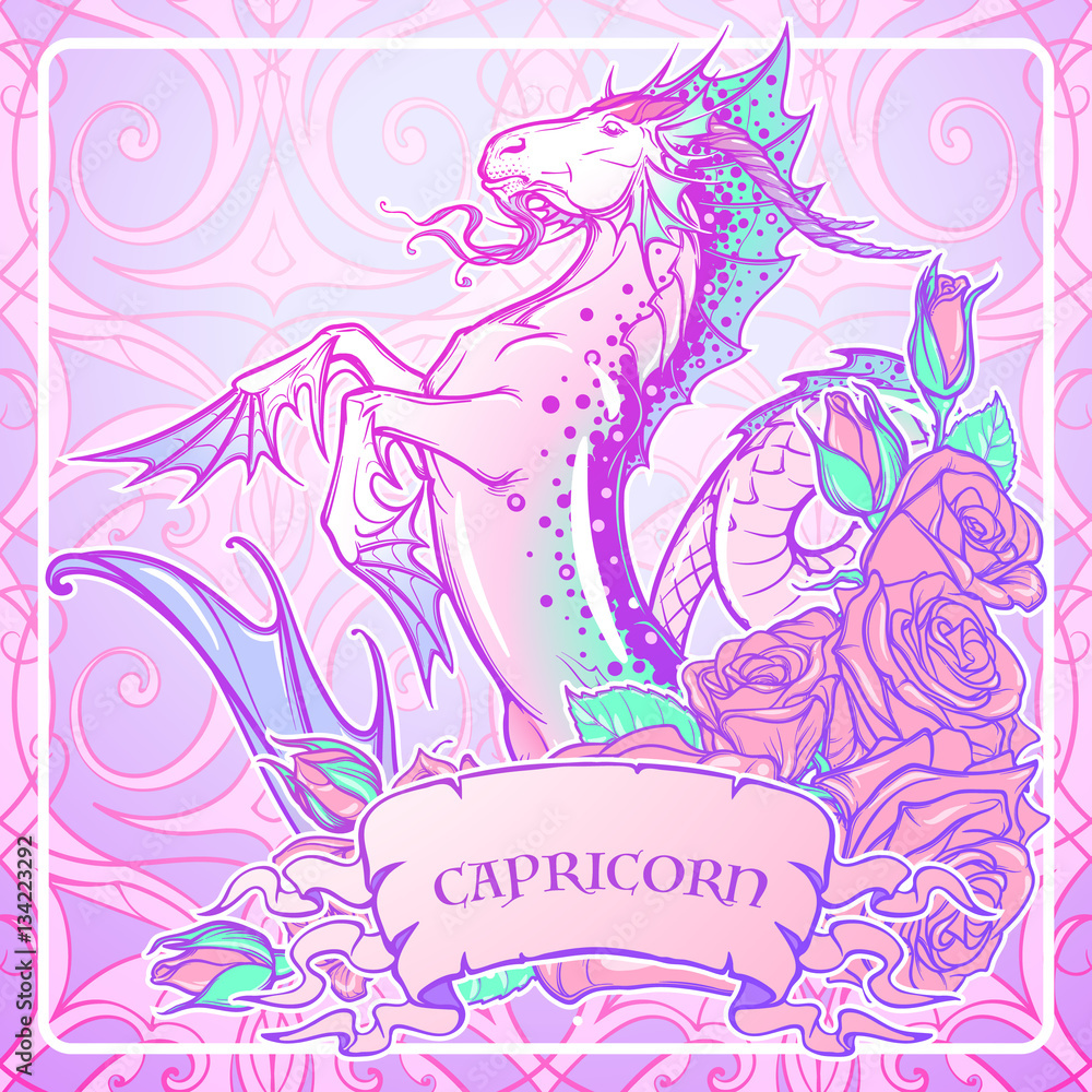 Zodiac sign Capricorn. Fantastic sea creature with body of a goat and a fish tail Decorative frame of roses. Vintage art nouveau style concept art for horoscope, tattoo or colouring book. EPS10 vector