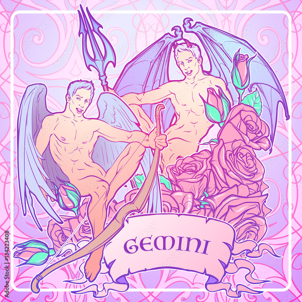 Gemini Zodiac sign with a decorative frame of roses. Beautiful male twins. Concept art for horoscopes, tattoo design, colouring books. Gay Pinup style Sketch isolated on white background. EPS10 vector