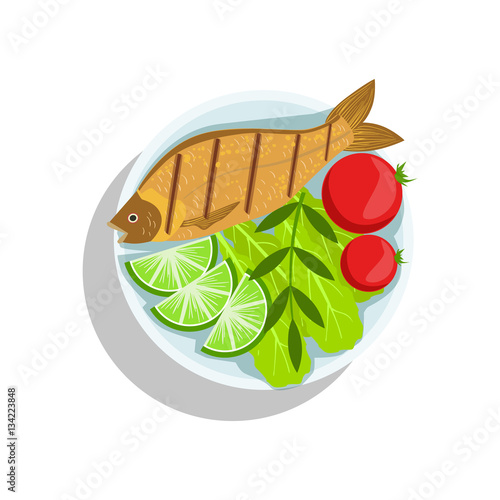 Fish With Lime And Tomatos, Oktoberfest Grill Food Plate Illustration