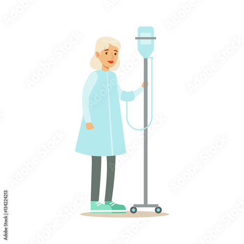 Old Lady Walking In Corridor With Dropper, Hospital And Healthcare Illustration