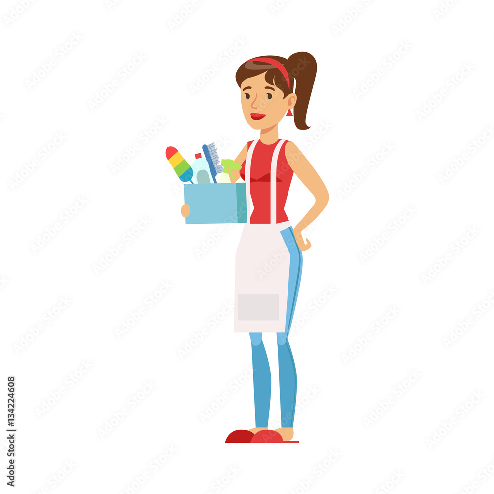 Woman Housewife Holding Box Of Domestic Chemistry And Inventory, Classic Household Duty Of Staying-at-home Wife Illustration