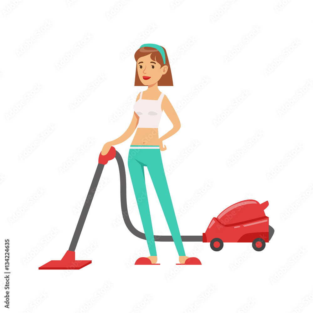 Woman Housewife Vacuum Cleaning The Floor , Classic Household Duty Of Staying-at-home Wife Illustration Woman Housewife Vacuum Cleaning The Floor , Classic Household Duty Of Staying-at-home Wife Illustration