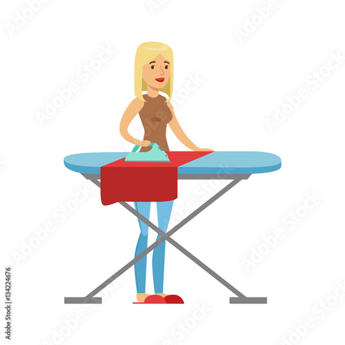 Woman Housewife Ironing The Clothes On Ironing Board, Classic Household Duty Of Staying-at-home Wife Illustration