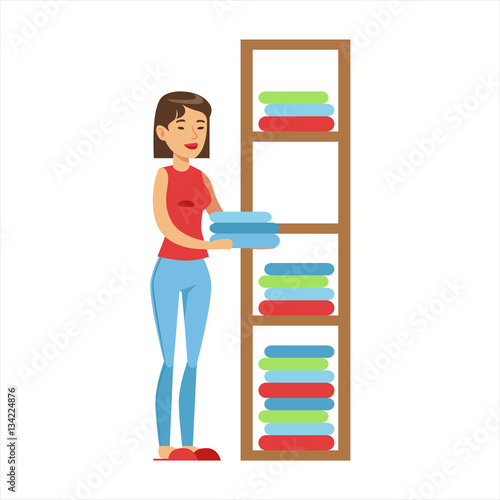 Woman Housewife Ranging Clean Clothes On Shelves, Classic Household Duty Of Staying-at-home Wife Illustration