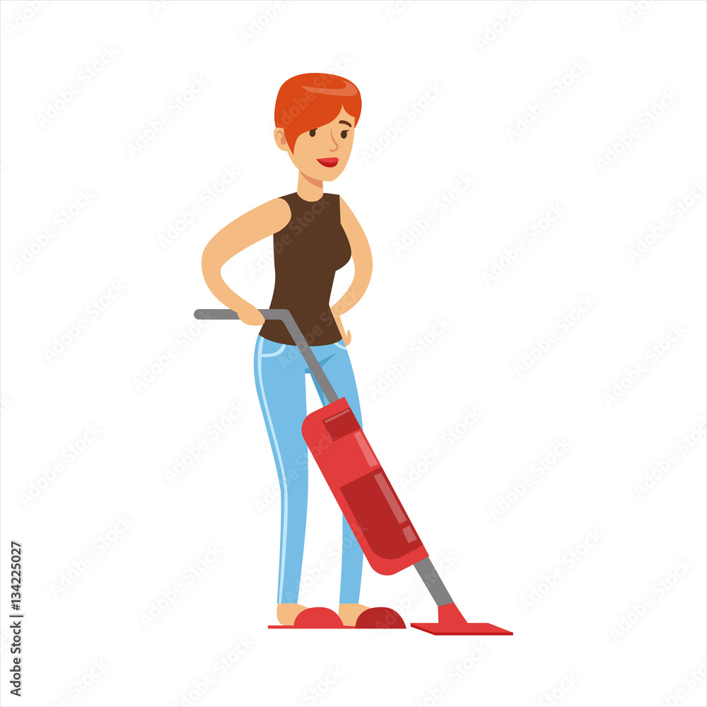 Woman Housewife Cleaning The Floor With Vacuum Cleaner, Classic Household Duty Of Staying-at-home Wife Illustration Woman Housewife Cleaning The Floor With Vacuum Cleaner, Classic Household Duty Of Staying-at-home Wife Illustration