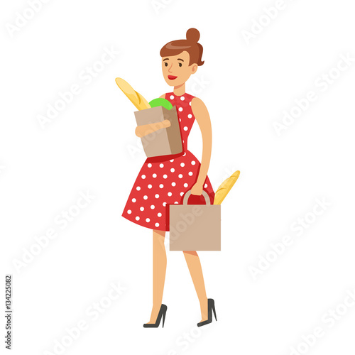 Woman Housewife Grocery Shopping Carrying Two Paper Bags, Classic Household Duty Of Staying-at-home Wife Illustration