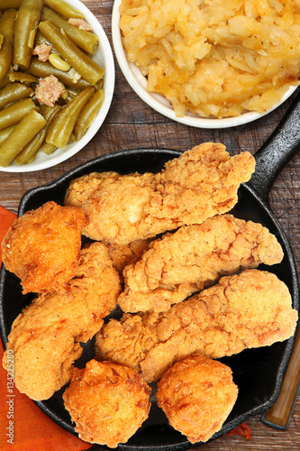 Fried Chicken, Hash Brown Casserole and Green Beans photo