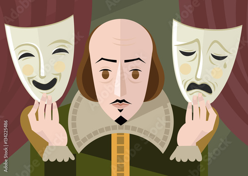 great english playwright with theater masks on stage