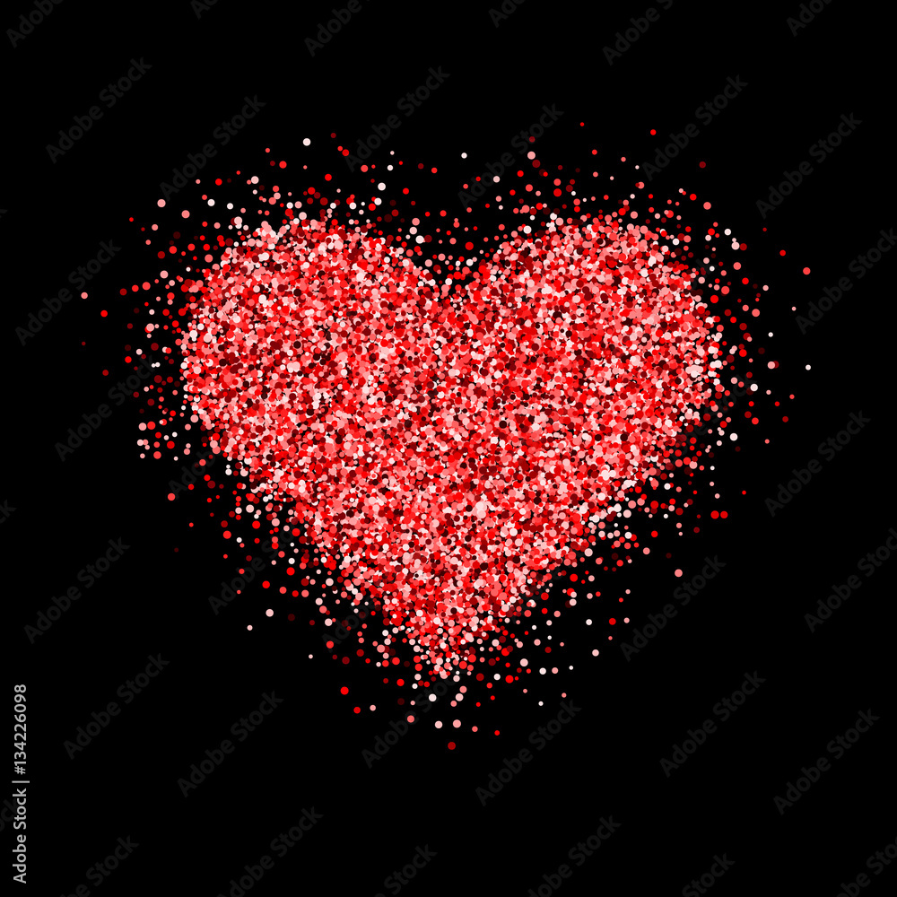 Red glitter Valentines day heart sign badge with black background for logo, design concepts, banners, labels, postcards, invitations, prints, posters, web. Vector illustration.
