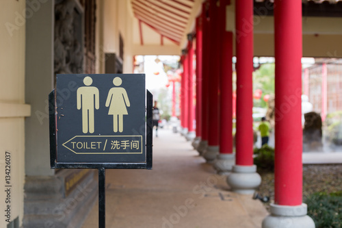 Men and women toilet sign with an arrow showing direction © warongdech
