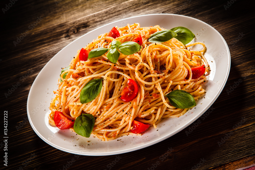 Pasta with meat, tomato sauce and vegetables Pasta with meat, tomato sauce and vegetables