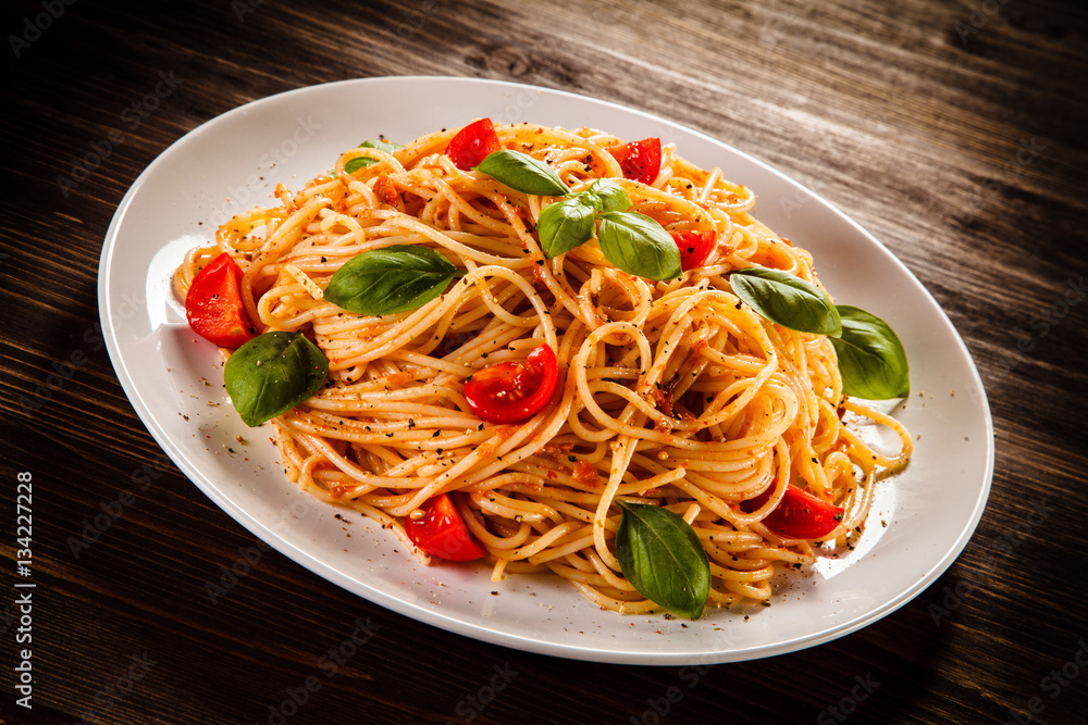 Pasta with meat, tomato sauce and vegetables Pasta with meat, tomato sauce and vegetables