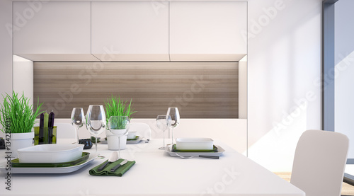 Modern dining room with white cabinet / 3D Rendering