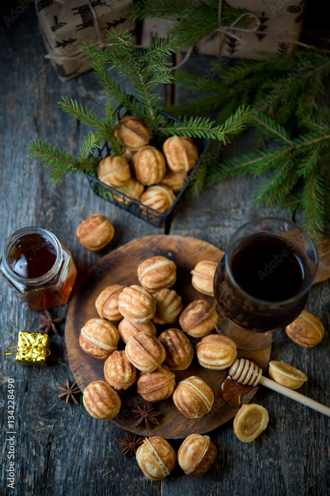 Home-made cookies nutlets with boiled condensed milk by New year and Christmas
Home-made cookies nutlets with boiled condensed milk by New year and Christmas