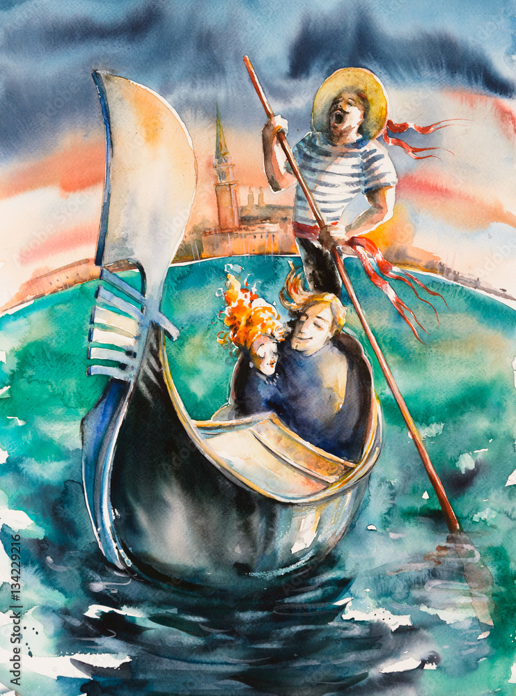 Love in Venice.Couple with singing gondolier on gondola.Picture created with watercolors. - obrazy, fototapety, plakaty 
