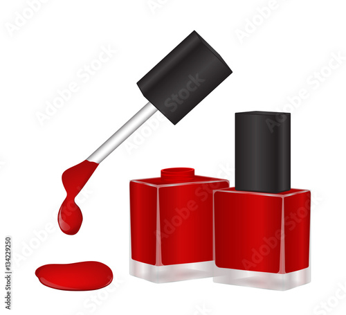 Red nail polish bottle in a transparent, open and closed. A drop of ink dripping from the brush. Vector illustration.