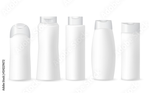 Collection of realistic white cosmetic plastic bottles on a white background.Cosmetic brand pattern. Design Beauty Products. Vector illustration.