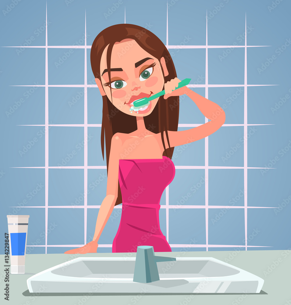 Girl character brushing teeth. Vector flat cartoon illustration Stock  Vector | Adobe Stock