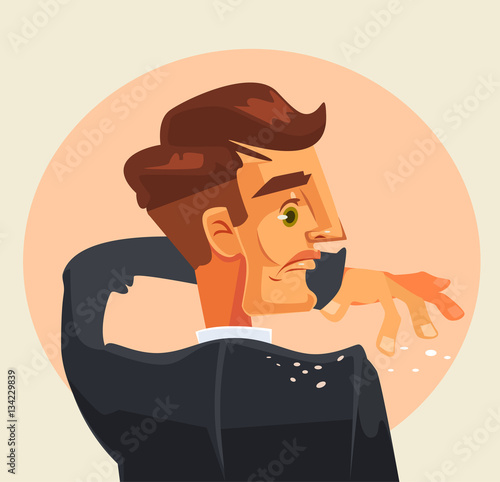 Man character shakes off dandruff from his shoulder. Vector flat cartoon illustration