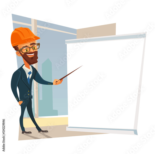 Builder foreman worker man character making presentation. Vector flat cartoon illustration