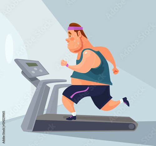 Man character runs on treadmill. Vector flat cartoon illustration 